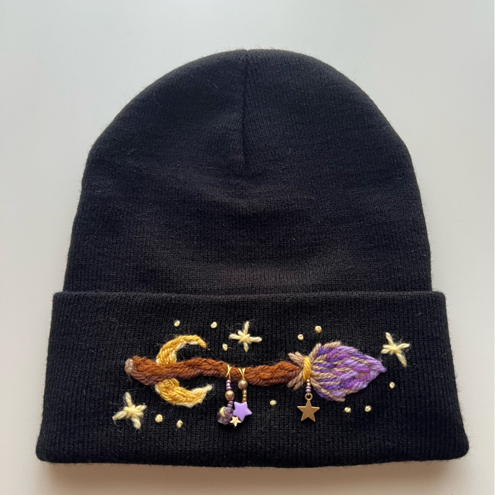 Black Beanie with Witchy Embroidered Design- Handmade